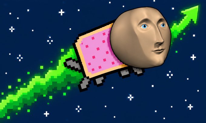 A meme image featuring a blank-faced mask on a pink pixelated train with green flames, flying upward through a starry night sky on a green arrow.