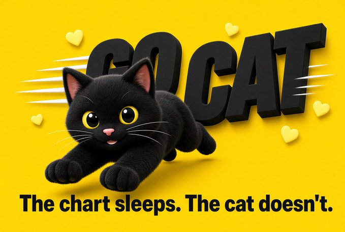 A promotional graphic features an animated black cat on a bright yellow background with 'GOO CAT' in bold 3D black letters and the tagline 'The chart sleeps. The cat doesn't.'