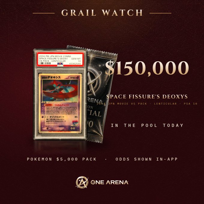 Promotional graphic for 'ONE ARENA' featuring 'GRAIL WATCH' for a Space Fissure's Deoxys Pokémon card valued at $150,000, with text 'IN THE POOL TODAY' and 'POKEMON $5,000 PACK · ODDS SHOWN IN-APP'.