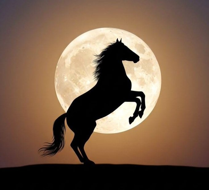 A majestic black silhouette of a rearing horse is set against a glowing full moon in an amber sky, with no visible text or numbers. The image's powerful imagery of a strong, untamed horse evokes themes of launching upward with strength and momentum—a fitting metaphor for the post's message about Block Rocket being a free-to-play project that's actively taking off on the CNPY Network through real community-built onchain gaming utility, rather than empty hype.