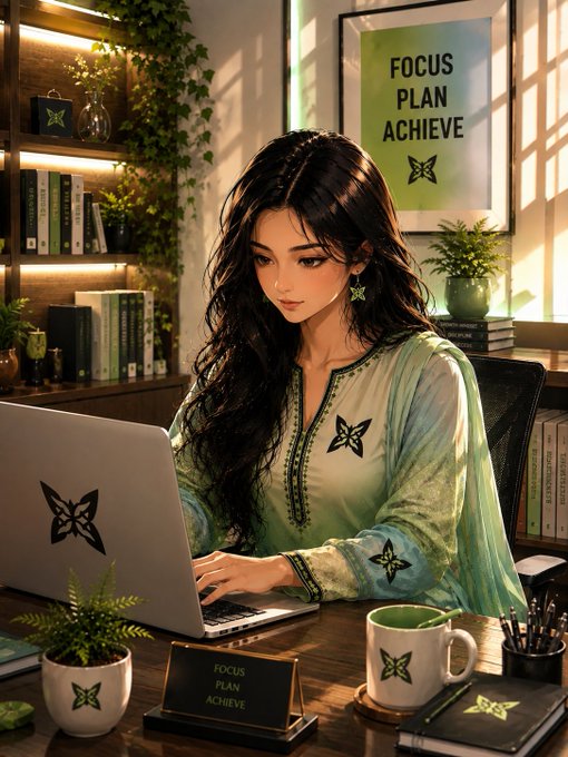 An anime-style illustration shows a young woman with long dark wavy hair working on a laptop at a desk, surrounded by 'FOCUS PLAN ACHIEVE' motivational signs, green plants, and matching butterfly logos on her clothing and accessories.