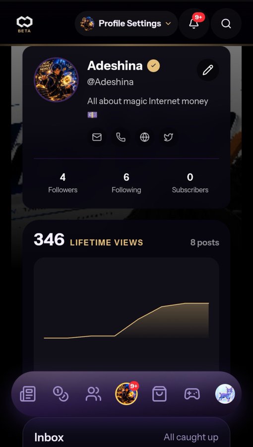 Profile settings screen showing user 'Adeshina' (@Adeshina) with bio 'All about magic Internet money', 4 followers, 6 following, 0 subscribers, 346 lifetime views across 8 posts, displayed on the BETA app.