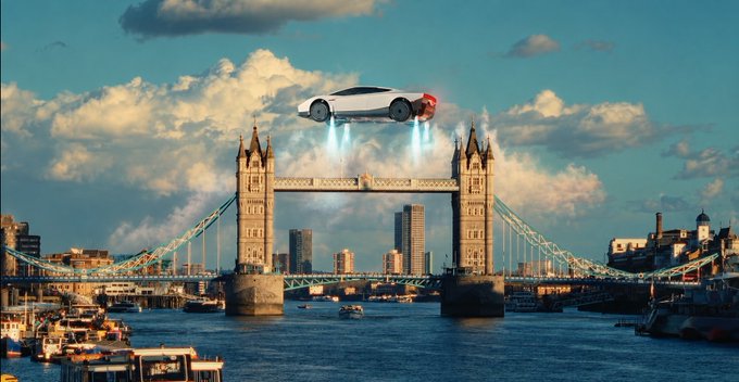 A sleek, futuristic flying car hovers above London's iconic Tower Bridge, propelled by glowing thrusters, in a surreal sci-fi reimagining of the city skyline. The image humorously plays on the post's question about parking in London—suggesting that when flying cars become the norm, parking hassles (and traffic) might simply be bypassed by soaring above it all.