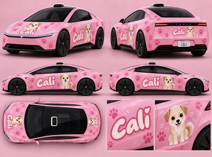Multiple views of a pink Tesla car wrapped with the name 'Cali', paw prints, and a cartoon puppy, shown against a pink background.