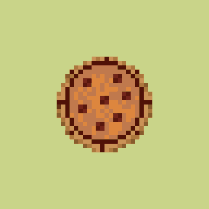 The image features a small, round cookie with chocolate chips on top of it. It appears to be a pixel art style drawing or illustration, which is displayed against a green background. The caption below the image reads "Study fully on-chain art". This suggests that the image might be related to a study or analysis of pixel art and its application in various contexts.