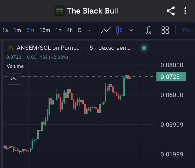 A 'The Black Bull' trading chart on dexscreener showing the ANSEM/SOL token pair on Pump, priced at 0.07231 (+2.03%) with candlestick price action.