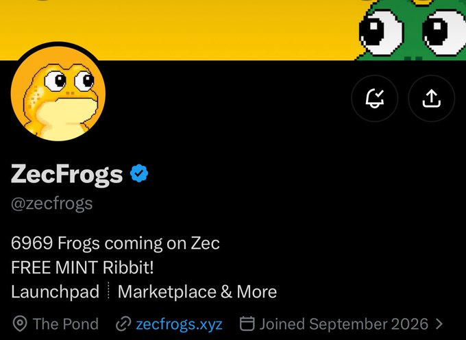 A Twitter profile page for @ZecFrogs with a verified badge, featuring a pixel-art frog avatar, a banner with a green frog, and the bio "6969 Frogs coming on Zec FREE MINT Ribbit! Launchpad | Marketplace & More," aligned with the accompanying post announcing a free mint collection of 6,969 pixel frogs on ZEC with whitelist applications via zecfrogs.xyz.
