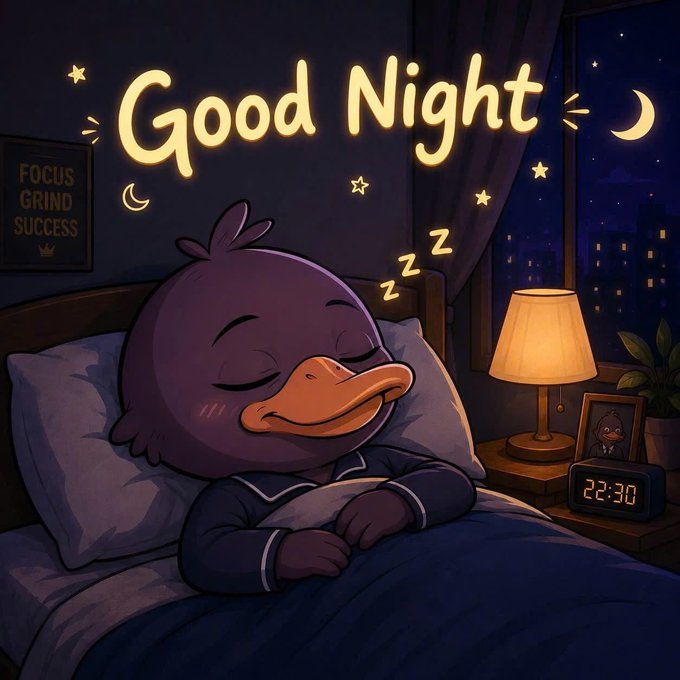 A cartoon illustration of a duck character sleeping peacefully in bed with 'Good Night' text above, a digital clock reading 22:30, and a 'Focus Grind Success' sign on the wall.