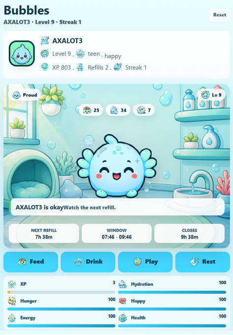 A 'Bubbles' virtual pet app screen displaying an AXALOT3 character at Level 9 in a 'teen, happy' state with 803 XP and full hydration stats.