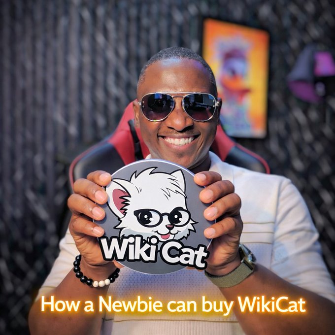 A smiling man wearing aviator sunglasses holds up a circular "Wiki Cat" sticker featuring a cartoon kitten, with the caption "How a Newbie can buy WikiCat" displayed below. The image aligns with the post's crypto-focused theme, emphasizing continued engagement and promotion of the WikiCat project despite market fluctuations.