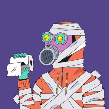 An illustration of a person wrapped in white bandages like a mummy, wearing a pink gas mask with yellow eyes, and holding a teal pistol marked "9999" against a purple background.
