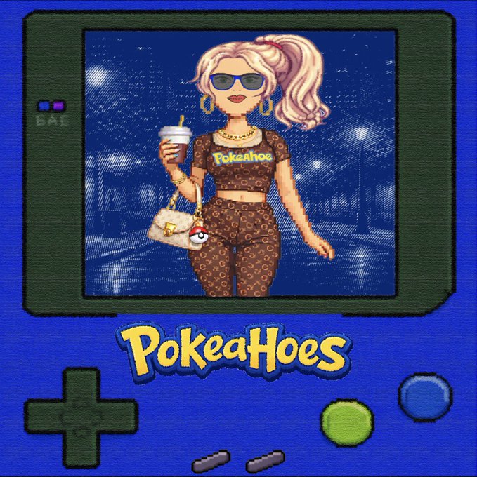 Illustration designed like a Game Boy Color screen displaying a blonde woman in a monogram outfit holding a coffee cup, with a Pokeball-themed handbag, above the text 'PokeaHoes'.