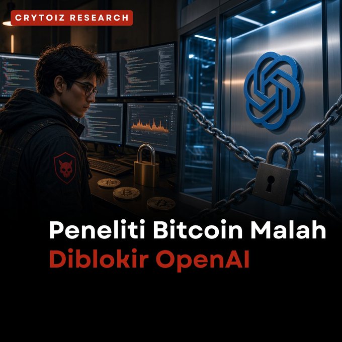 A crypto-themed graphic shows a young man at multiple computer monitors, with chains and a padlock securing the OpenAI logo and text reading 'Peneliti Bitcoin Malah Diblokir OpenAI' by Crytoiz Research.