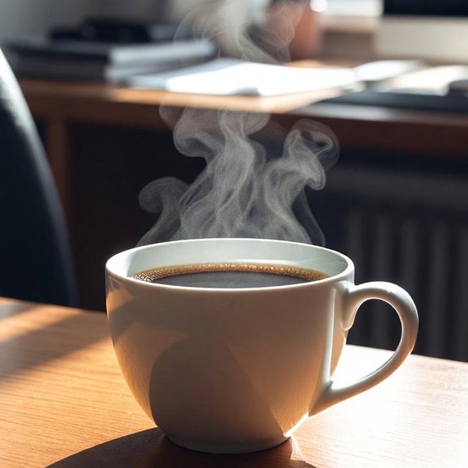 A close-up photograph of a white ceramic mug filled with steaming black coffee, sitting on a wooden table with blurred books and notebooks in the background.