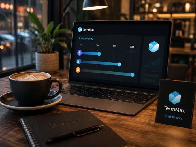 A laptop on a wooden café table displays the TermMax platform with a fixed maturity chart showing options at 1M, 3M, 6M, and 12M, accompanied by a coffee cup and the TermMax logo on a stand.