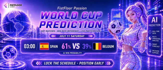 A promotional banner for 'FistFloor Passion' advertises a World Cup Prediction for Spain vs Belgium on July 11 Saturday at 03:00, showing AI win probabilities of 61% vs 39%, featuring a futuristic female character holding a soccer ball.
