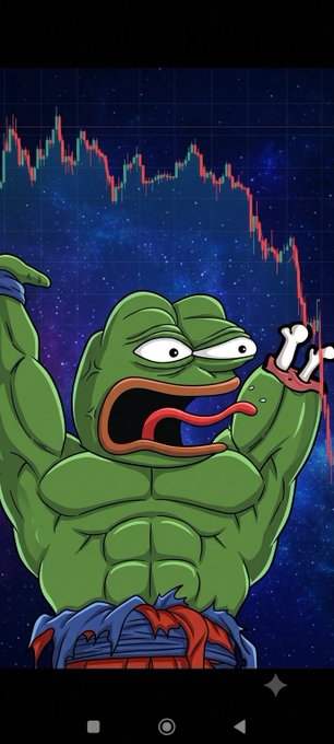 A muscular Pepe the Frog is shown ripping open his shirt and screaming, set against a starry background with a red descending stock chart line, suggesting a bearish market crash.
