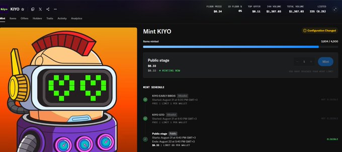 The image shows a minting interface for the "KIYO" NFT collection with 3,804/4,000 items minted, displaying a public stage priced at $0.33 with a cap of 5,000 per wallet. This relates to the post by explaining the user's experience minting 200 KIYO NFTs, well above their original goal of 20, during the public sale phase shown on screen.