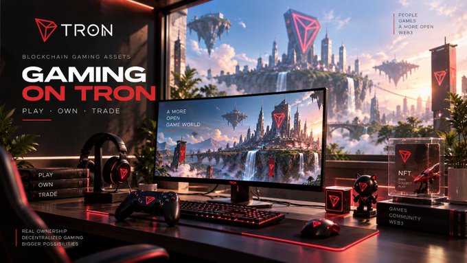 A vibrant promotional banner for TRON's blockchain gaming ecosystem, displaying a gaming setup with monitor, headset, and controller, overlaid with text like 'GAMING ON TRON', 'PLAY · OWN · TRADE', and an NFT collectible figure.