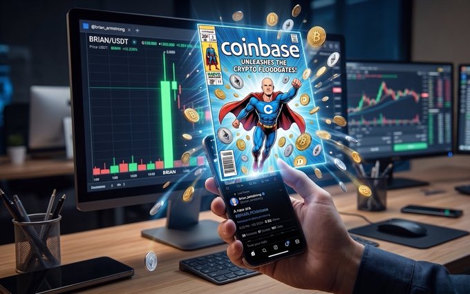 Promotional image showing a hand holding a phone displaying a Coinbase advertisement with a superhero character and the text 'UNLEASHES THE CRYPTO FLOODGATES!', with cryptocurrency trading charts on monitors in the background.