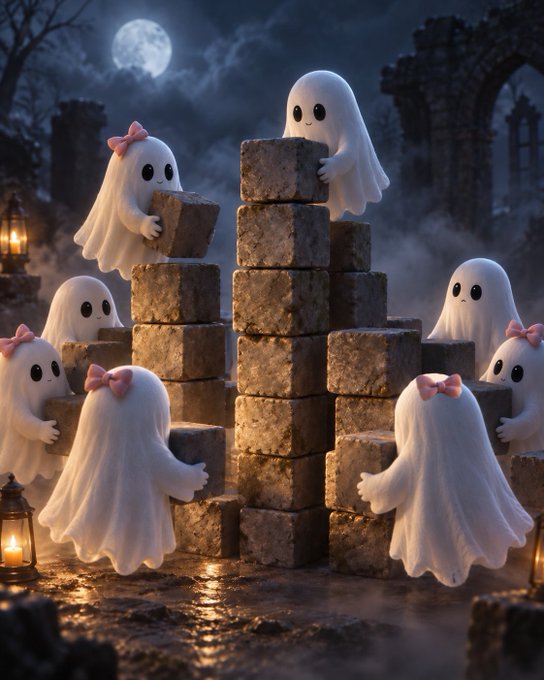 A whimsical Halloween scene shows adorable cartoon ghosts with cute faces building a tower of stone blocks under a full moon, with a lantern glowing in the foreground.