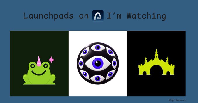 A graphic titled 'Launchpads on Abstract I'm Watching' displaying three icons: a green smiling frog with a pink party hat, a black and white eye-covered sphere, and a yellow castle silhouette on a black background.