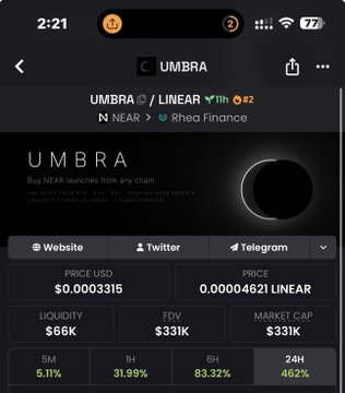 A mobile app screenshot showing UMBRA token statistics including price USD $0.0003315, price LINEAR 0.00004621, liquidity $66K, FDV $31K, and market cap $33K.