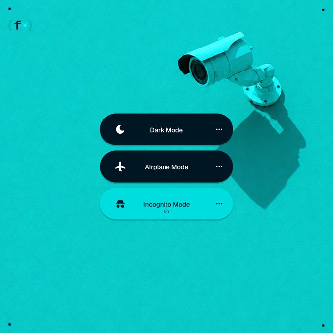 A teal digital illustration shows three toggle buttons labeled "Dark Mode," "Airplane Mode," and "Incognito Mode On," alongside a surveillance camera casting a shadow over them. The image ties to the post "software has modes, what about money?" by suggesting that just as software offers discrete privacy and operational modes, financial systems may similarly have hidden or togglable states—often observed or monitored without public awareness.