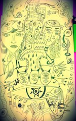 A purple-toned sketch features intricate doodles of various stylized faces, abstract patterns, and a prominent eye motif, reflecting the artistic choice of which design to tackle first. The detailed linework showcases multiple portrait options, making it a fitting visual for selecting a starting point.