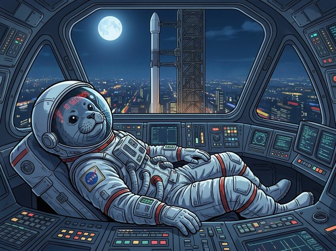 An illustration of a seal wearing an astronaut suit floating inside a spaceship cockpit, with a rocket launch and moon visible through the window.