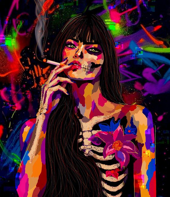 A vibrant, colorful pop-art style illustration of a woman with skeletal face paint and body, smoking a cigarette, set against a background of neon graffiti splashes.