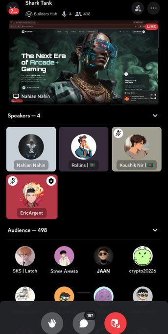 A screenshot of a Clubhouse-style audio chat room called "Shark Tank" in the Builders Hub, featuring speakers like Nahian Nahin and 498 audience members, with an X (formerly Twitter) browser tab open showing an article titled "The Next Era of Arcade + Gaming".
