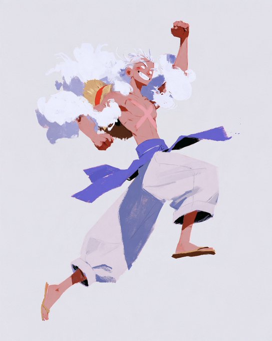 An anime-style illustration of a shirtless male character with white hair and a blue sash, leaping joyfully while wearing white pants and holding a straw hat.