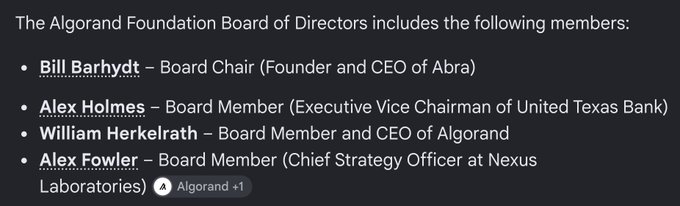 A webpage section states that the Algorand Foundation Board of Directors includes Bill Barhydt, Alex Holmes, William Herkelrath, and Alex Fowler, with their board roles and affiliations.