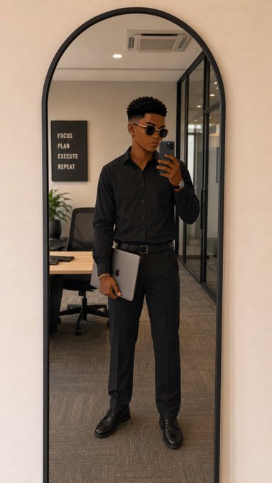 A well-dressed man wearing a black shirt, pants, and sunglasses takes a mirror selfie while holding a laptop, with a framed sign reading 'FOCUS PLAN EXECUTE REPEAT' visible behind him.