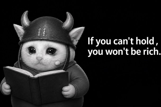 A black and white image of a white cat wearing a horned viking helmet and a hoodie while reading a book, with the text 'If you can't hold, you won't be rich.' displayed beside it.