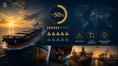 A promotional advertisement featuring a luxury yacht with '~50%' discount text and several rating badges overlaid on the image.
