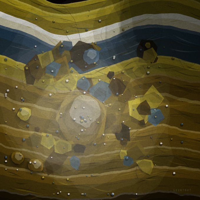 An abstract artistic illustration resembling a cross-section of layered rock or sediment, featuring wavy bands of yellow, brown, white, and blue colors with scattered geometric crystal-like shapes and small dots, numbered 12287507 in the corner.
