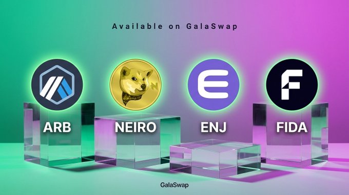 A promotional graphic for GalaSwap features the text "Available on GalaSwap" at the top, displaying the logos and tickers for ARB, Neiro, ENJ, and FIDA resting on transparent blocks against a teal and purple gradient background, visually announcing the new trading pairs mentioned in the post.