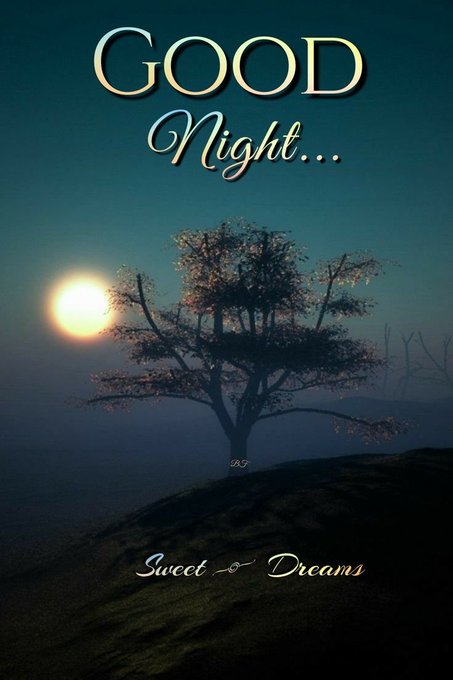 A nighttime graphic with the text 'GOOD Night...' at the top and 'Sweet Dreams' at the bottom, featuring a moonlit landscape with a tree on a hill and fireflies.