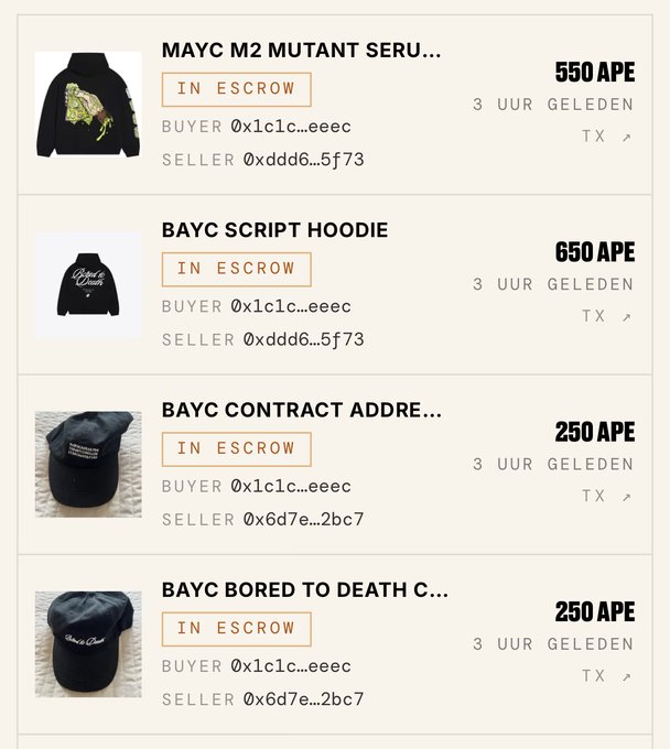 A marketplace listing shows Bored Ape Yacht Club (BAYC) merchandise in escrow, including a MAYC M2 Mutant Serum hoodie for 550 APE, a BAYC Script Hoodie for 650 APE, and two hats for 250 APE each, with buyer 0x1c1c...eeec and sellers 0xddd6...5f73 and 0x6d7e...2bc7.