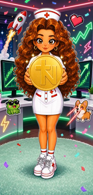 A cartoon nurse with voluminous curly hair holds a golden coin marked "TN" while standing in front of trading screens displaying green charts and a rocket, with the post promoting the website "nurse-site.vercel.app" as an upcoming crypto project.