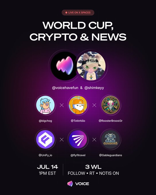 A dark purple promotional poster for an X Spaces event titled 'World Cup, Crypto & News' on July 14 at 1PM EST, featuring hosts @voicehavefun and @shimkeyy, with guests @bigchog, @Totinhiiio, @RoosterBroost3r, @Unify_io, @flyfitravel, and @Gableguardians.