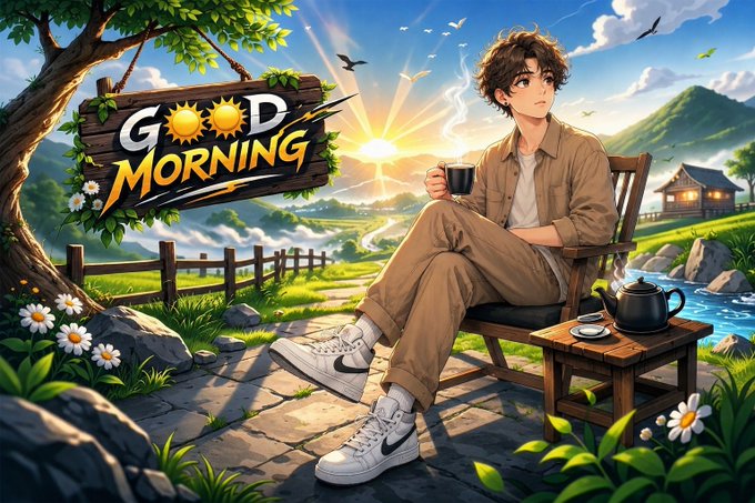 An anime-style illustration features a young man sitting in a chair holding a coffee cup, with a 'GOOD MORNING' sign and a scenic countryside background.