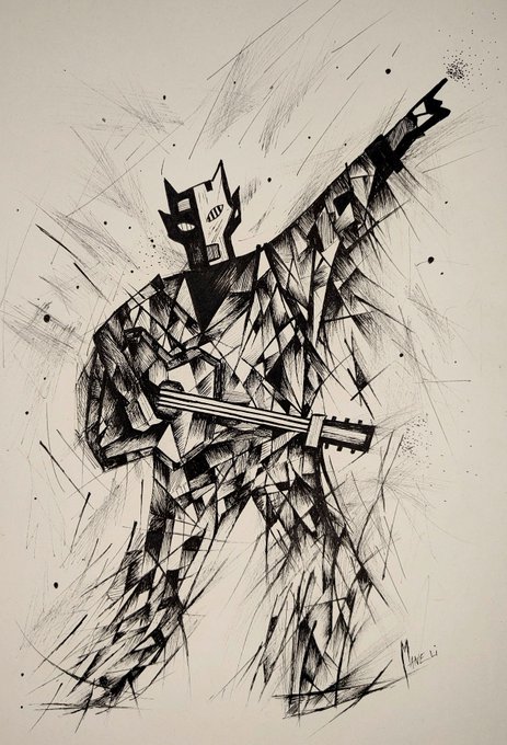 A black and white ink sketch of a stylized musician playing a guitar, signed by the artist 'Mike Li' in the bottom right corner.