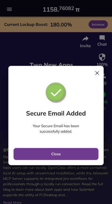 A confirmation popup displays a green checkmark with the message "Secure Email Added" on a screen showing 1158.76082 π and a Current Lockup Boost of 180.00%, confirming the user's successful addition of their secure email to Pi Network as referenced in the post.