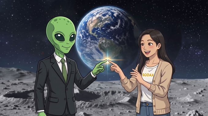 An anime-style illustration shows a green alien in a suit and a woman wearing a 'SODAX' t-shirt meeting on a lunar surface with Earth in the background.