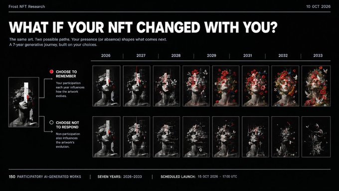 A dark-themed digital poster titled 'WHAT IF YOUR NFT CHANGED WITH YOU?' by Frost NFT Research, dated 10 OCT 2026, showcasing a 7-year timeline (2026-2033) of how a portrait NFT evolves based on whether participants choose to remember or not respond.