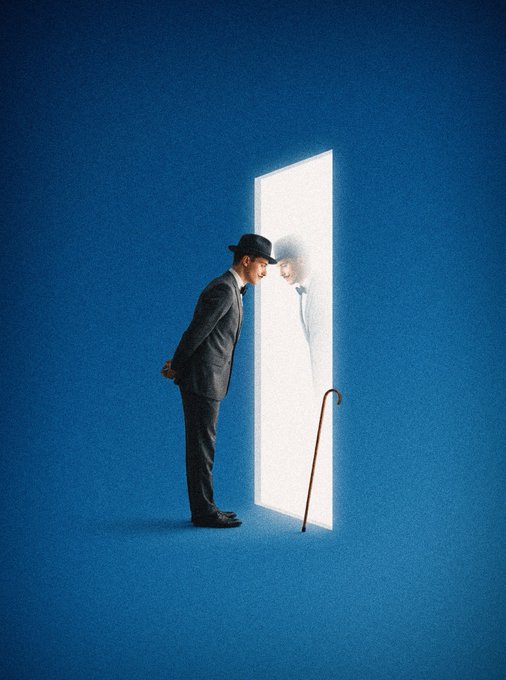 A conceptual artwork of a man in a gray suit and bowler hat bowing before a doorway that reveals his elderly self with a cane, set against a blue background.
