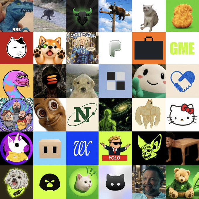 A grid of viral meme stocks, cryptocurrencies, and internet culture icons—including "FEFER," "GME," the Coinbase logo, Hello Kitty, a "YOLO" illustration, and the iconic Doge—references popular recent trading frenzies. The image humorously suggests that profiting from at least one of these trending assets in the past month is a prerequisite for staying in the market.